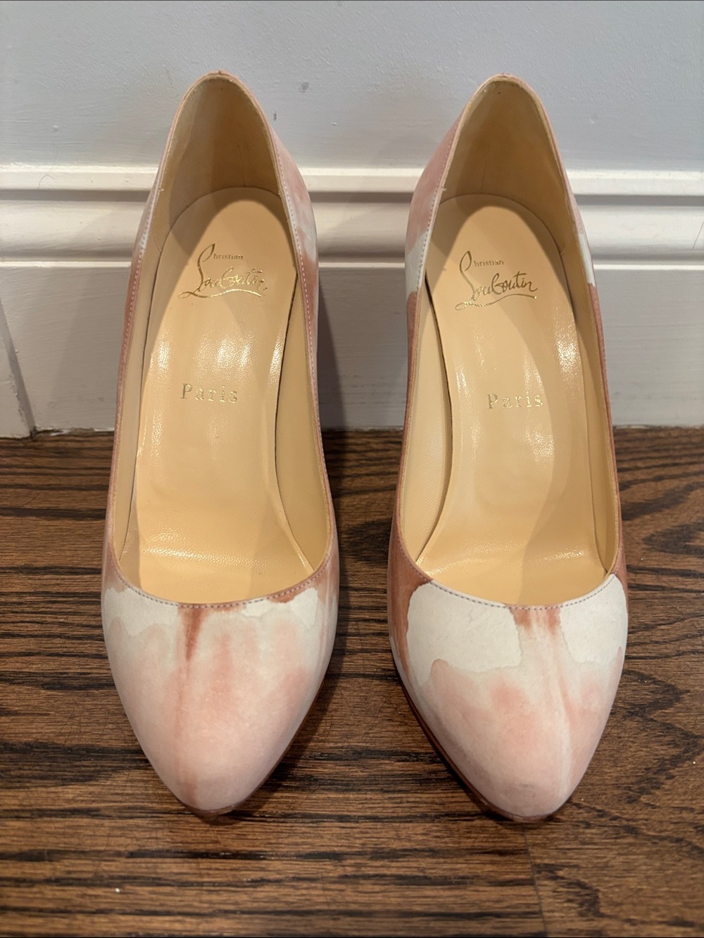Christian Louboutin Pink and White Marble-Effect Pointed Pumps